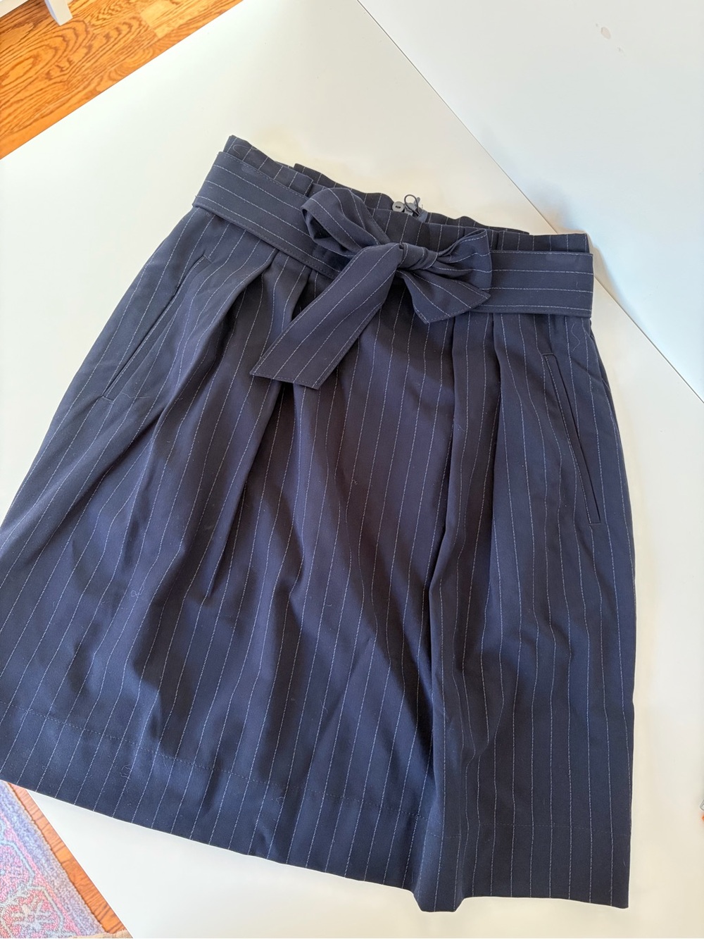 Perfect Work Skirt - Navy Pinstripe Paperbag Waist Skirt with Tie Belt